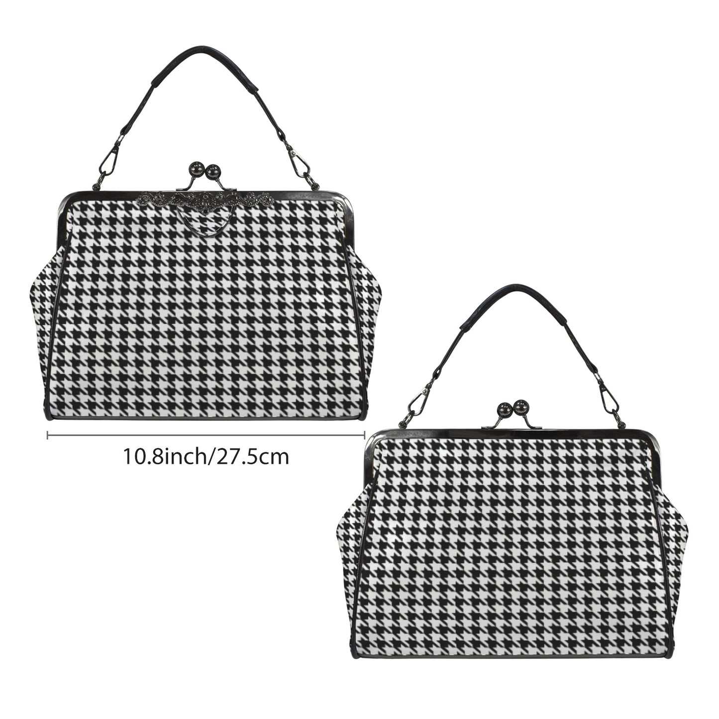 Retro 60s Houndstooth Handbag | Vintage Black Clasp Purse | Classic Pattern Crossbody Bag