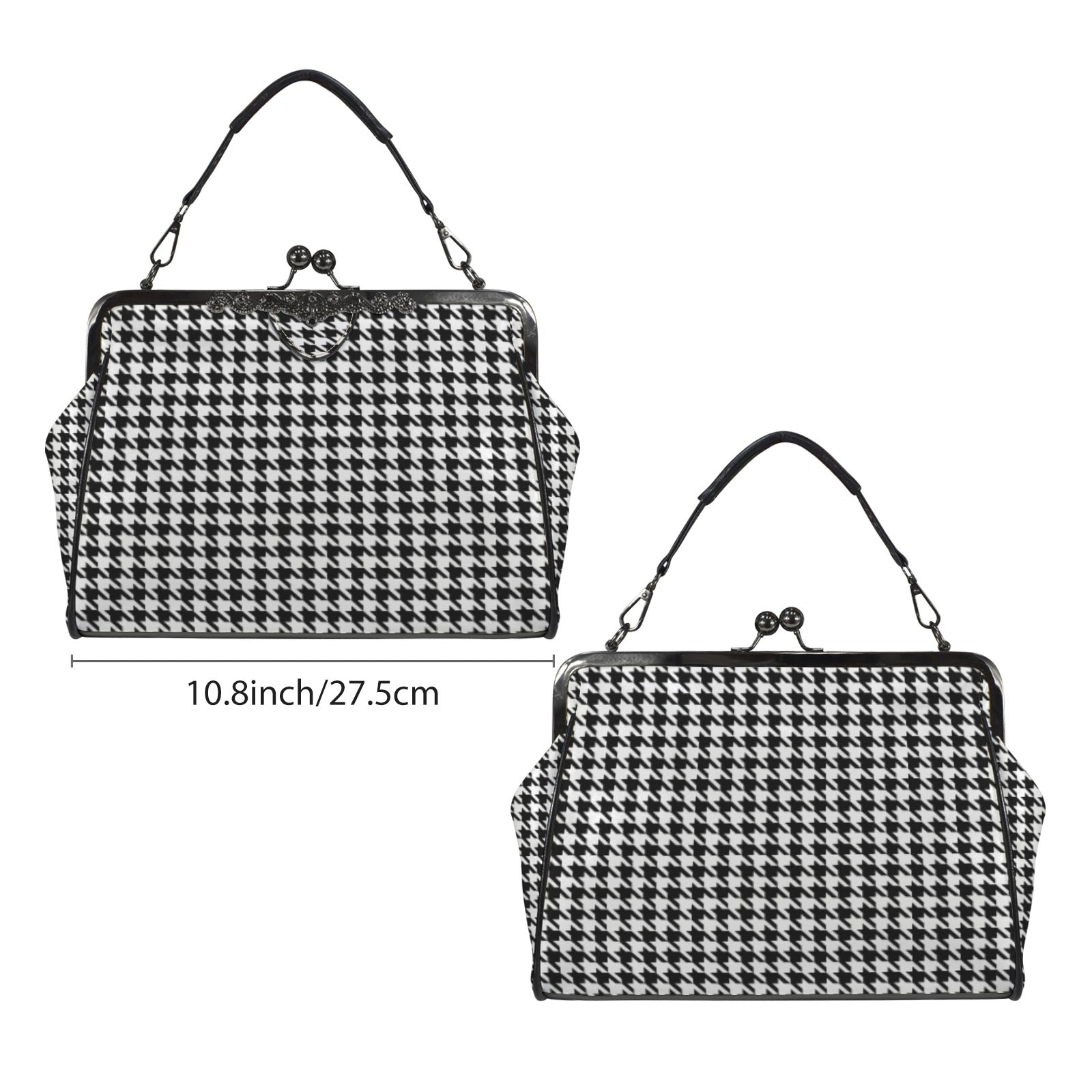 Retro 60s Houndstooth Handbag | Vintage Black Clasp Purse | Classic Pattern Crossbody Bag