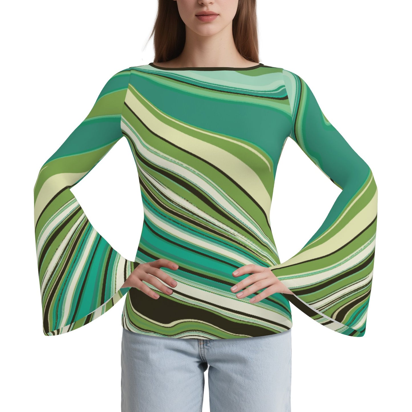 70s Green Turquoise Bell Sleeve Top | Retro Long Sleeve T-Shirt | Vintage Boat Neck Blouse