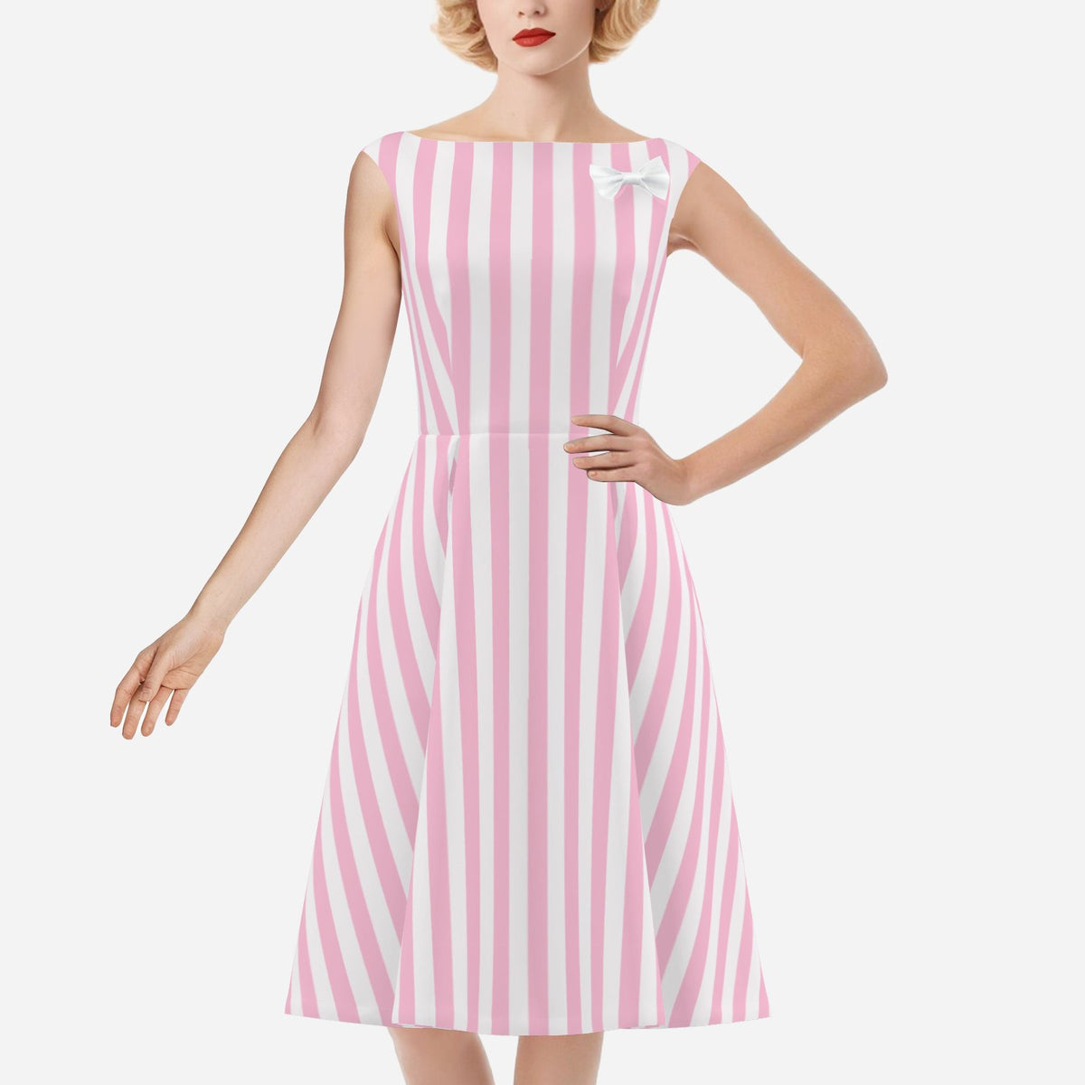 Women’s 50s Style Dress | Pink Stripe Vintage Inspired Satin Dress | Removable Bow | Pleated A-Line Midi Dress