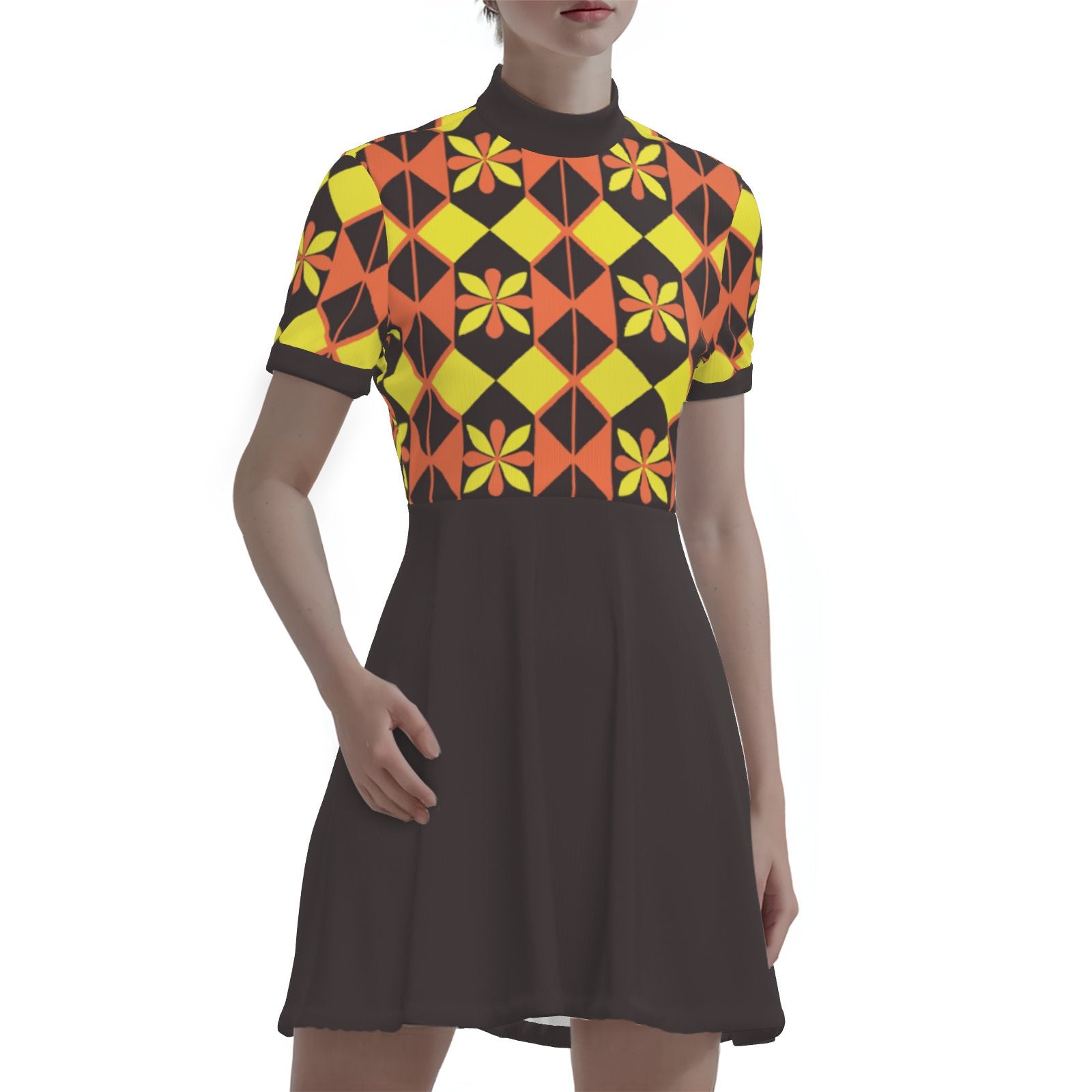 60s Space Age Mod Dress | Retro Geometric GoGo Mini Dress | Brown Turtleneck Vintage A-Line Dress