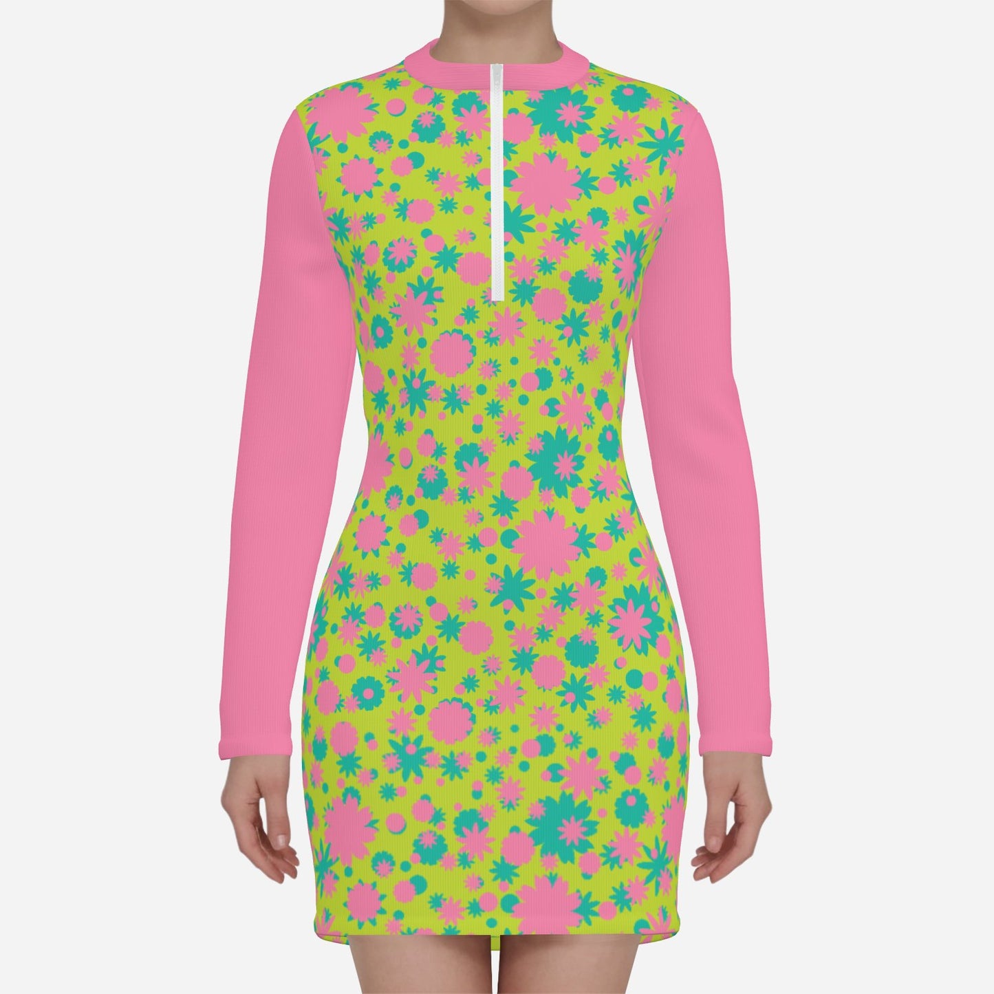 60s Mod Mini Dress | Pink Green Scuba GOGO Dress | Retro Shift Dress with Contrast Collar | Vintage-Inspired Mod Mini Dress