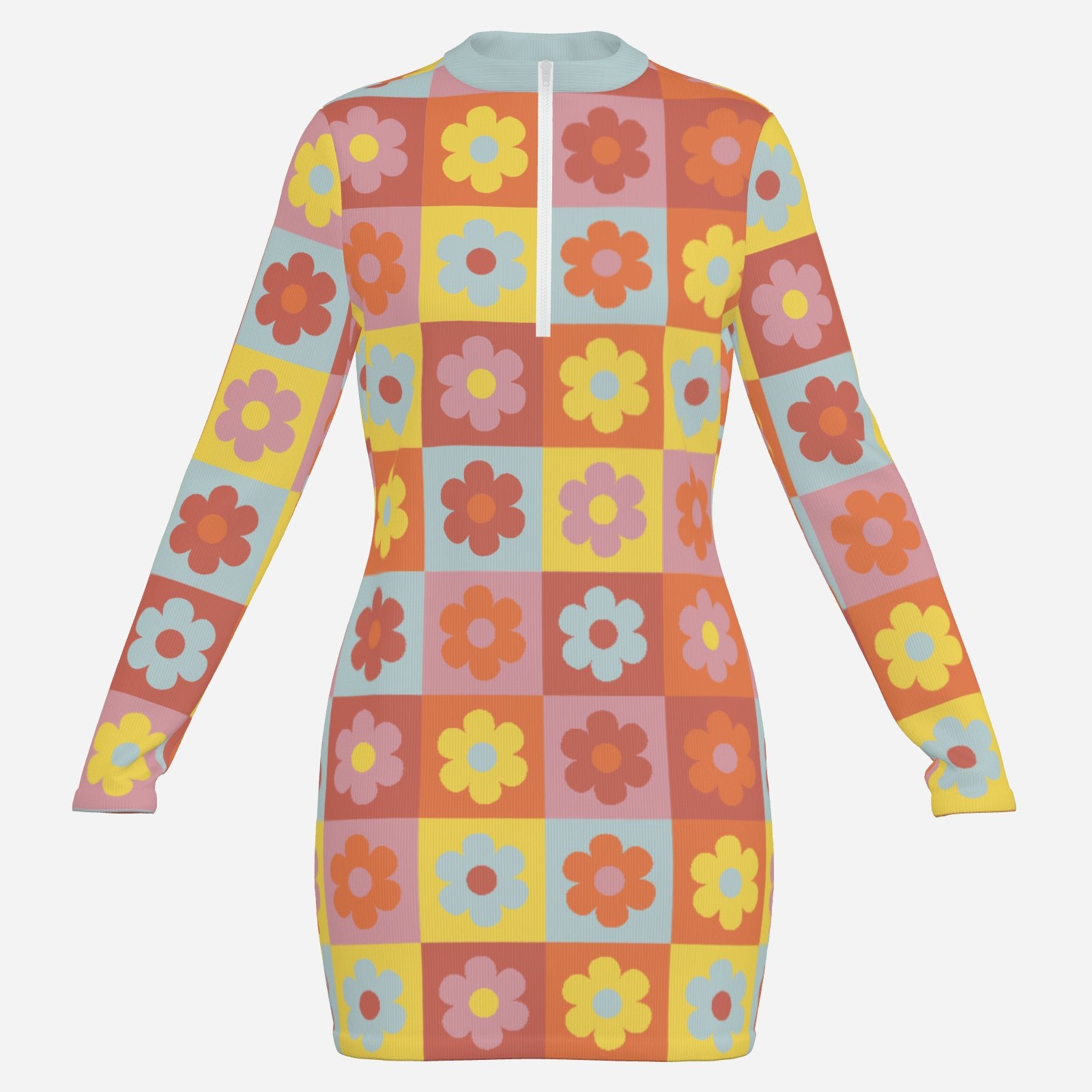 Women’s Mod 60s Style Dress | Cute Floral Scuba Mini Dress | Vintage 60s Inspired Long Sleeve Dress