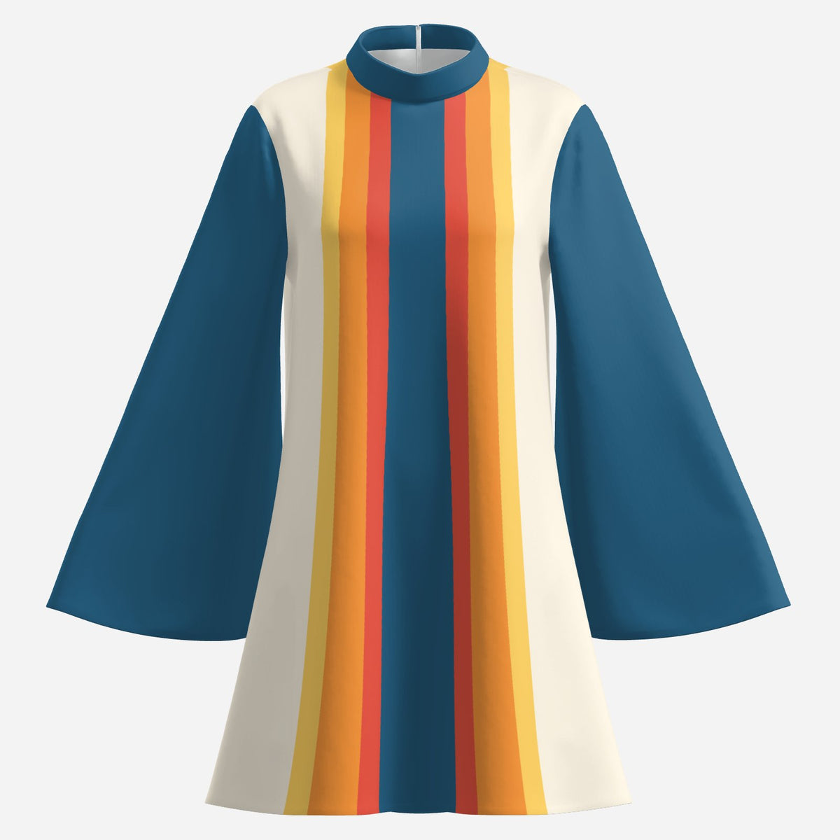 Women's 70s Retro Disco Dress, Blue Yellow Stripe Bell Sleeve Dress, Groovy Trapeze Mini Dress, Vintage Inspired Dress