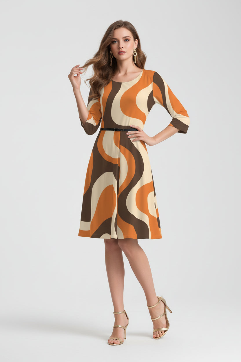 Women's Groovy Orange Brown Stripe 70s Style Dress | Retro Pleated A-Line Dress | Hippie Boho Fall Dress