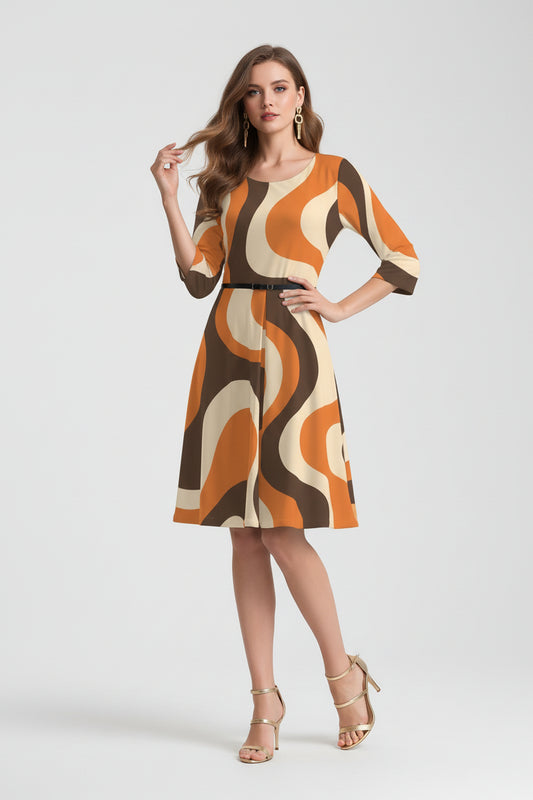 Women's Groovy Orange Brown Stripe 70s Style Dress | Retro Pleated A-Line Dress | Hippie Boho Fall Dress