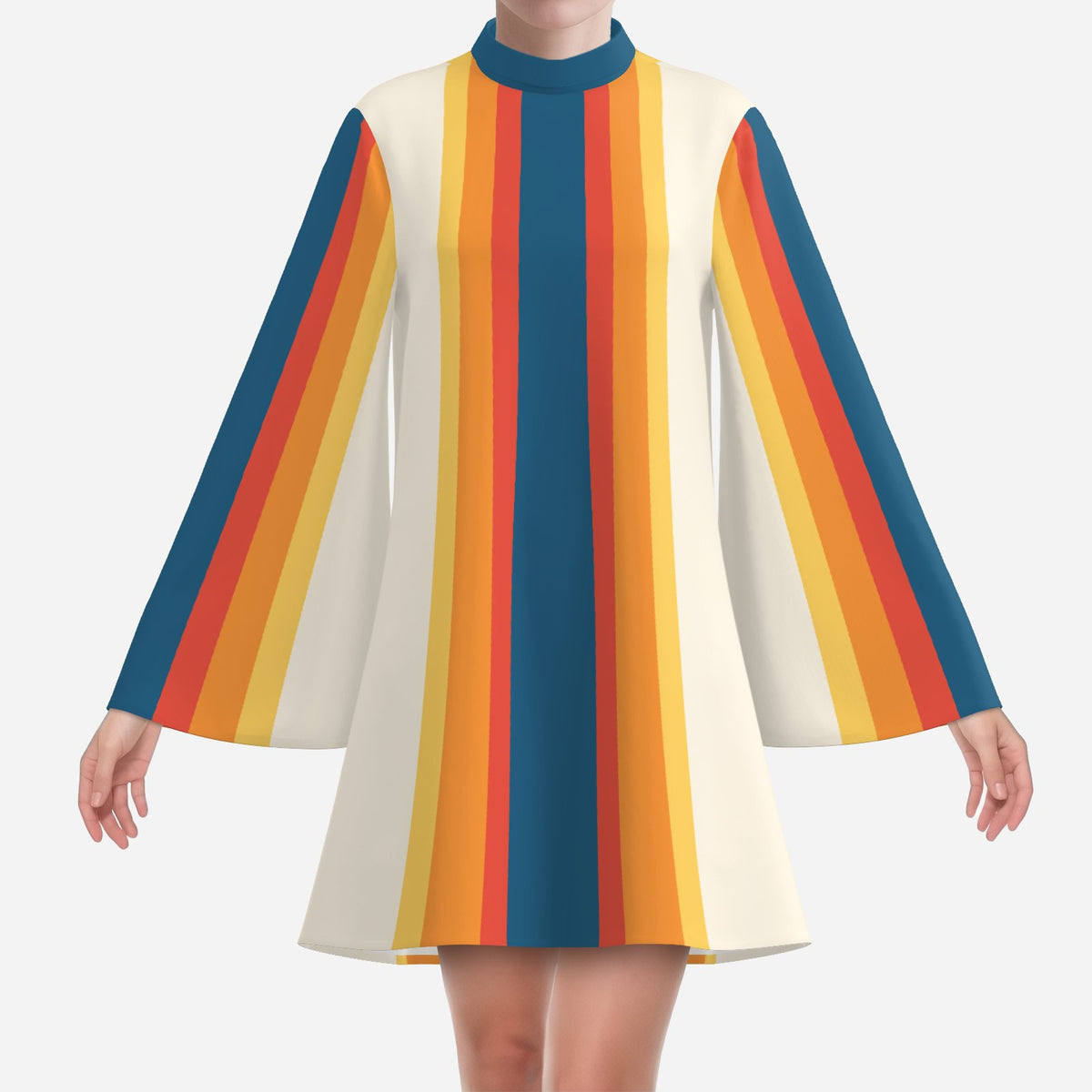 Women's 70s Retro Disco Dress, White Blue Yellow Stripe Bell Sleeve Dress, Groovy Trapeze Mini Dress, Vintage Inspired Dress