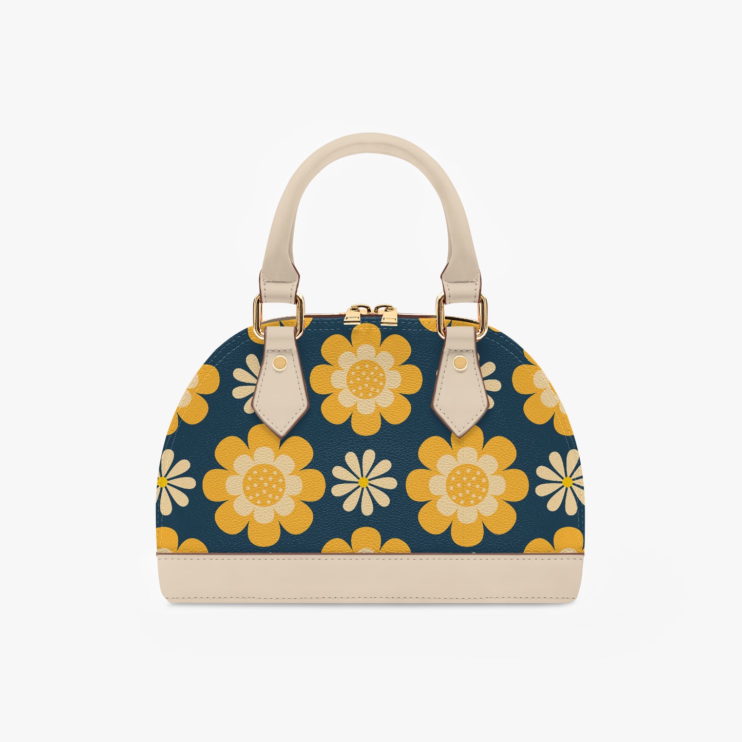 Vintage Mod Yellow Floral Blue Handbag | 60s 70s Retro Half Moon Crossbody Bag with Adjustable Shoulder Strap | PU Leather Statement Handbag for Women