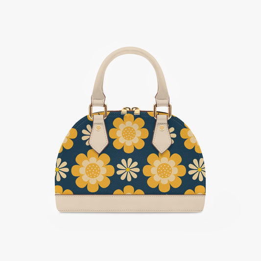 Vintage Mod Yellow Floral Blue Handbag | 60s 70s Retro Half Moon Crossbody Bag with Adjustable Shoulder Strap | PU Leather Statement Handbag for Women