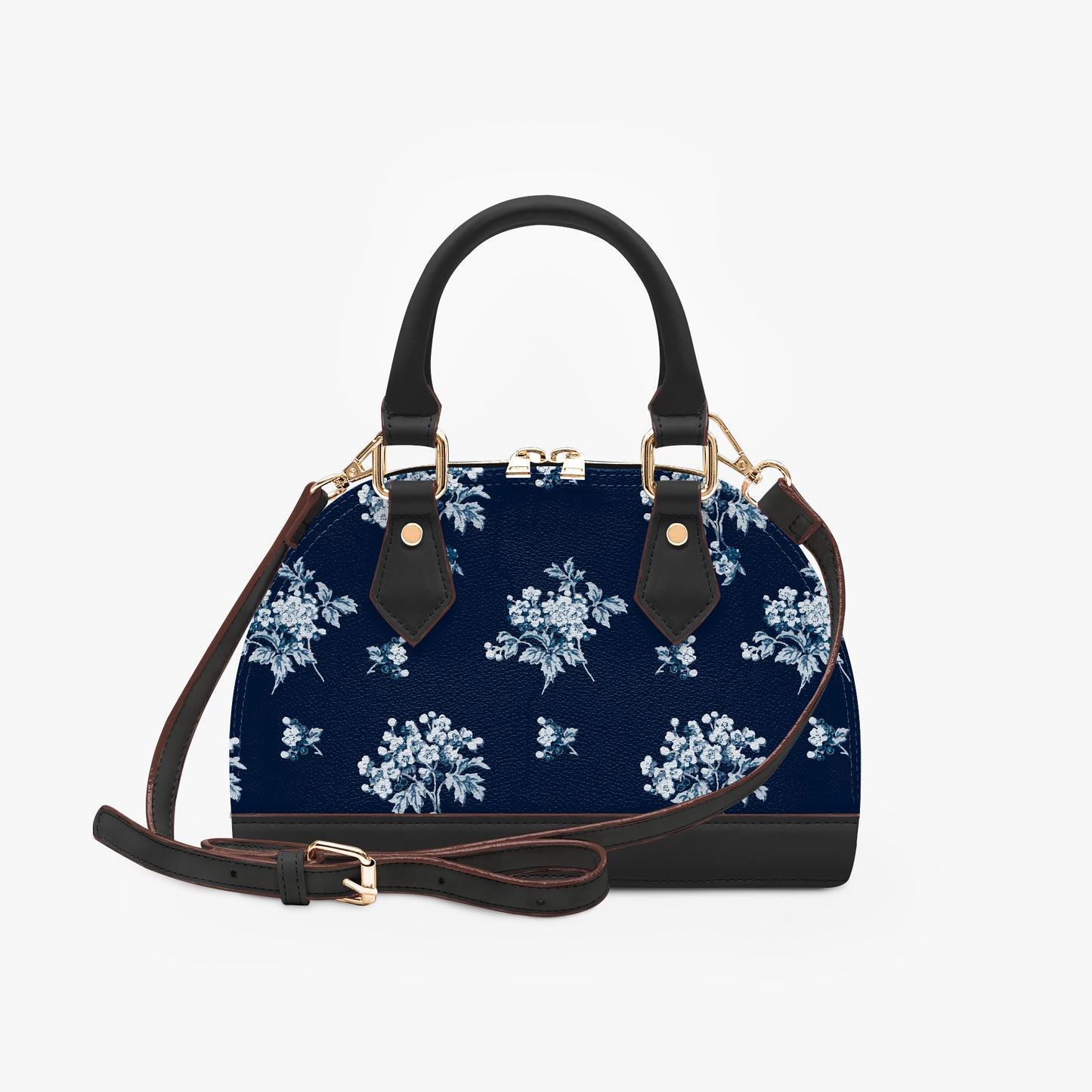 Romantic navy blue floral half moon handbag with delicate vintage-inspired floral print. Small crossbody purse with black or beige handles for casual or formal wear.