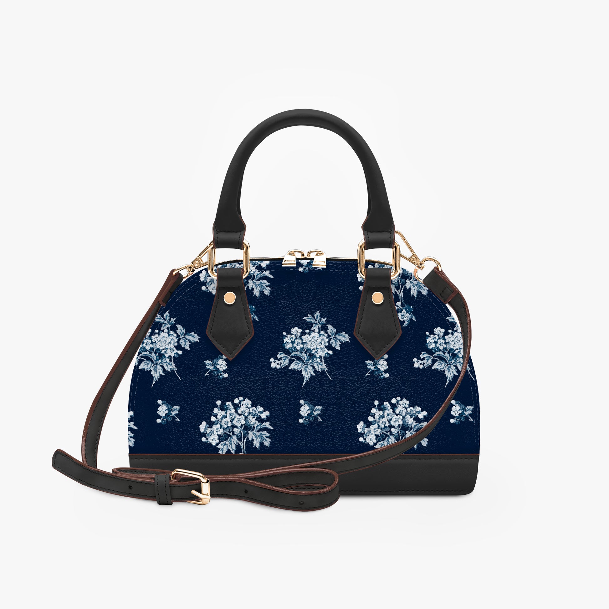 Romantic navy blue floral half moon handbag with delicate vintage-inspired floral print. Small crossbody purse with black or beige handles for casual or formal wear.