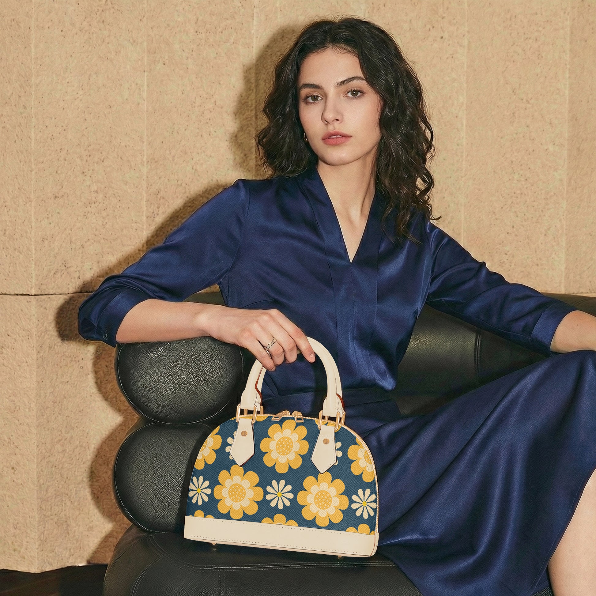 Vintage Mod Yellow Floral Blue Handbag | 60s 70s Retro Half Moon Crossbody Bag with Adjustable Shoulder Strap | PU Leather Statement Handbag for Women