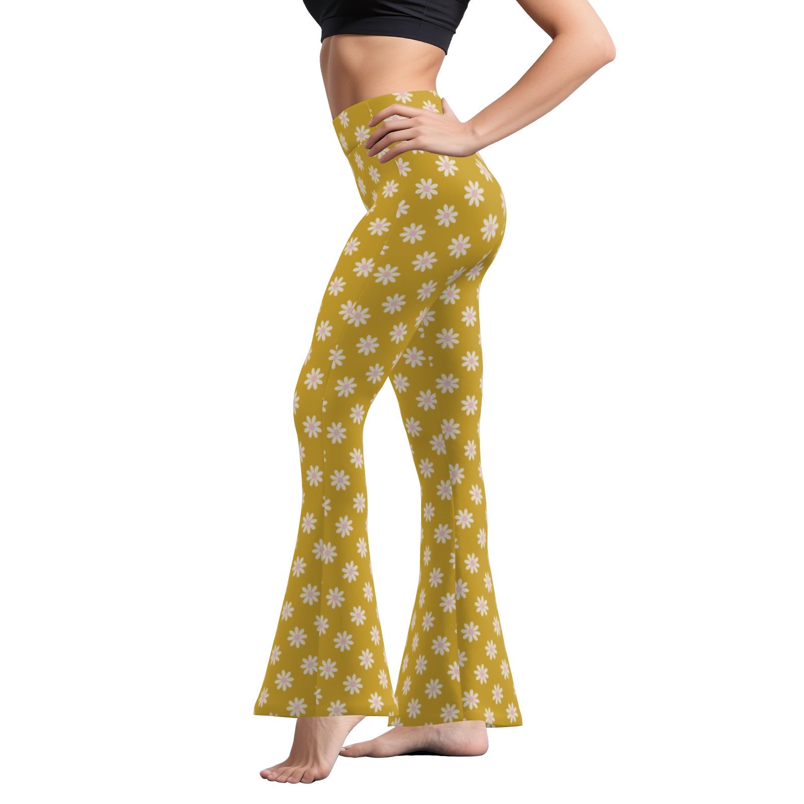 70s Mustard Floral Bell Bottom Pants | Retro Wide Leg Yoga Pants | Vintage Style High Waist Flare Pants