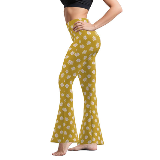 70s Mustard Floral Bell Bottom Pants | Retro Wide Leg Yoga Pants | Vintage Style High Waist Flare Pants