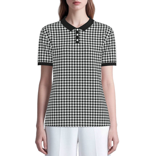 Black Houndstooth Polo Shirt | UPF 50+ Sun Protection Unisex Polo | Vintage Black & White Golf Shirt
