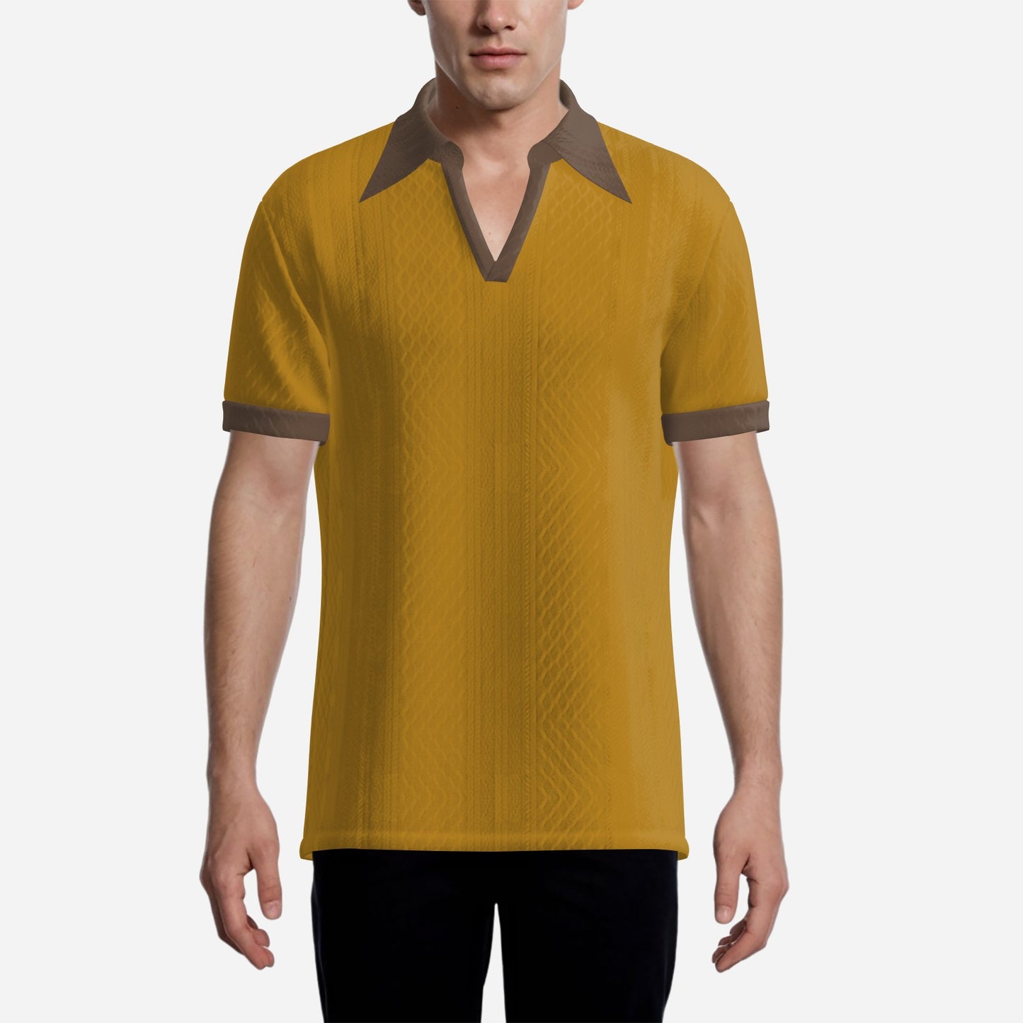 70s Style Polo Shirt | Retro Mustard Yellow Jacquard Knit Polo | Vintage Dagger Collar Polo Shirt 
