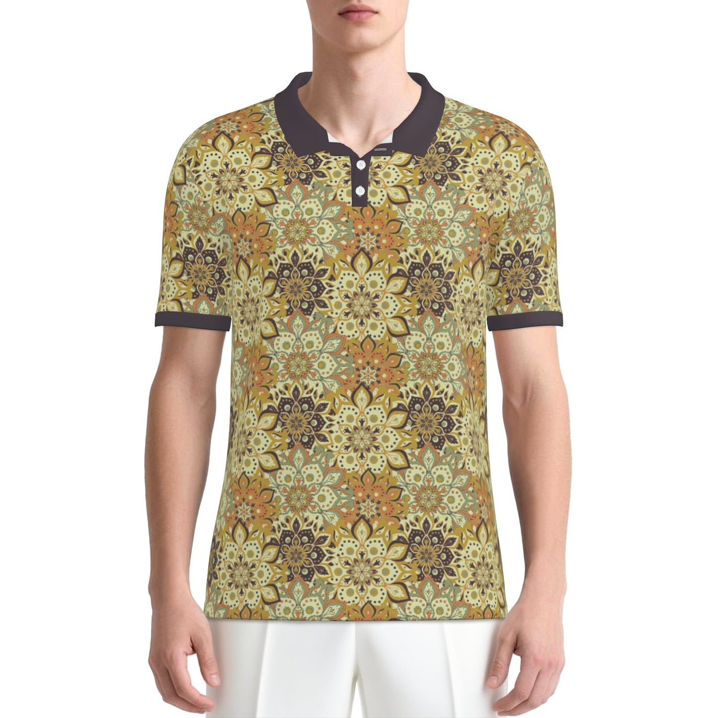 70s Hippie Mandala Polo Shirt | UPF 50+ Sun Protection Unisex Polo | Retro Mustard Yellow Brown Polo Shirt 