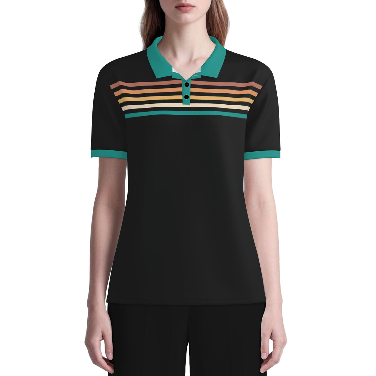 Retro Black Turquoise Stripe Polo Shirt Unisex UPF 50+ Sun Protection Vintage 70s Inspired Shirt