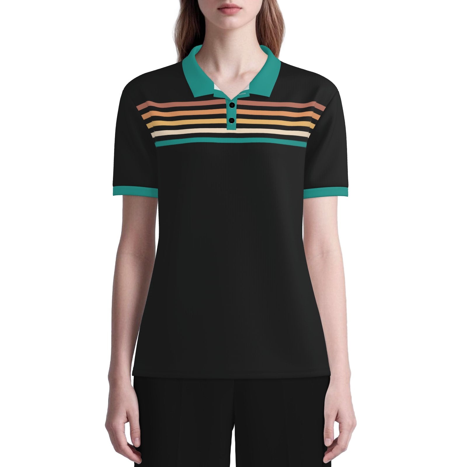 Retro Black Turquoise Stripe Polo Shirt Unisex UPF 50+ Sun Protection Vintage 70s Inspired Shirt