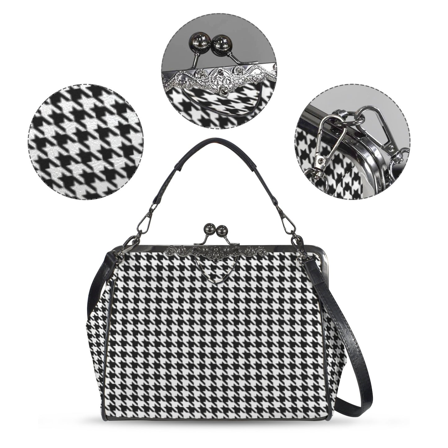 Retro 60s Houndstooth Handbag | Vintage Black Clasp Purse | Classic Pattern Crossbody Bag