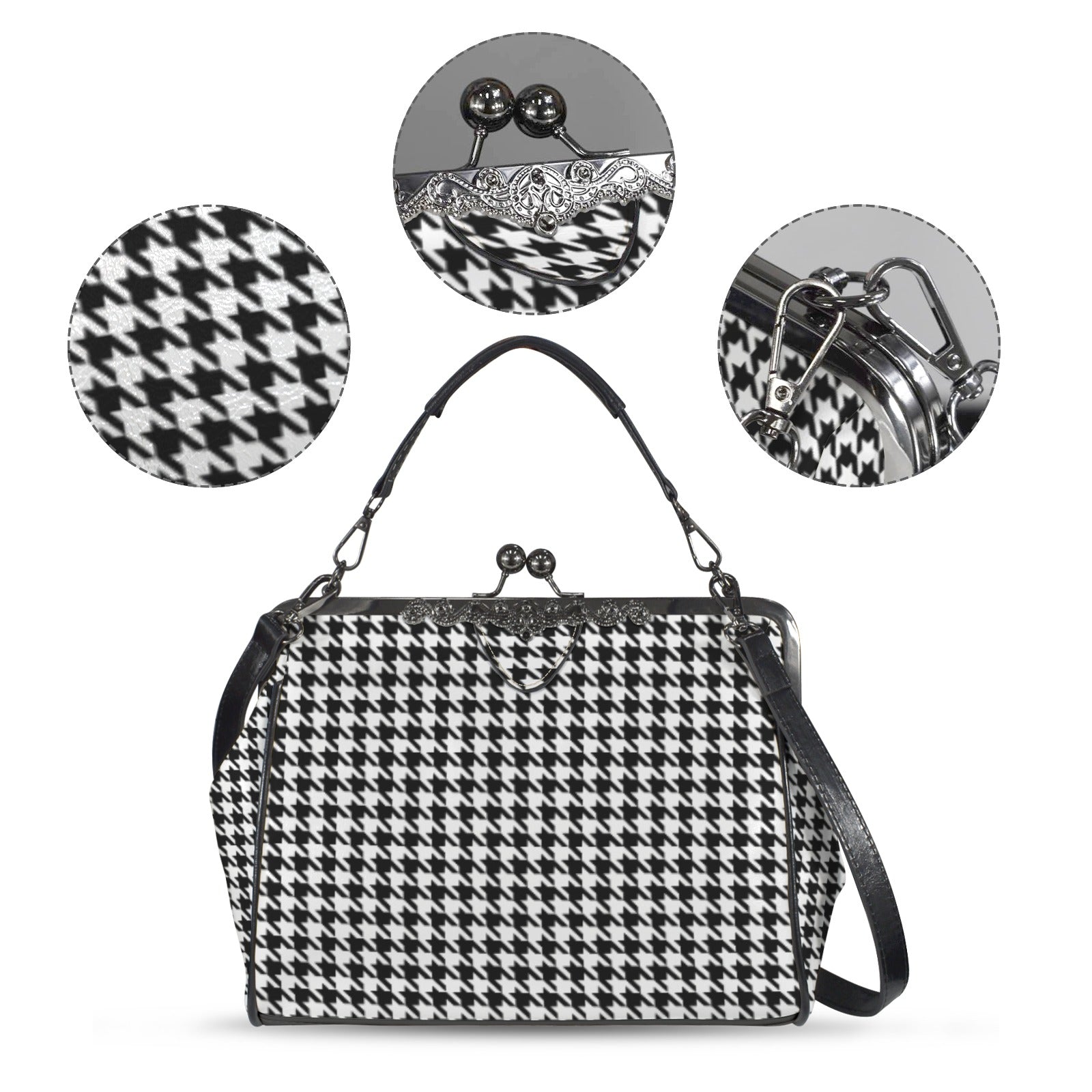 Retro 60s Houndstooth Handbag | Vintage Black Clasp Purse | Classic Pattern Crossbody Bag