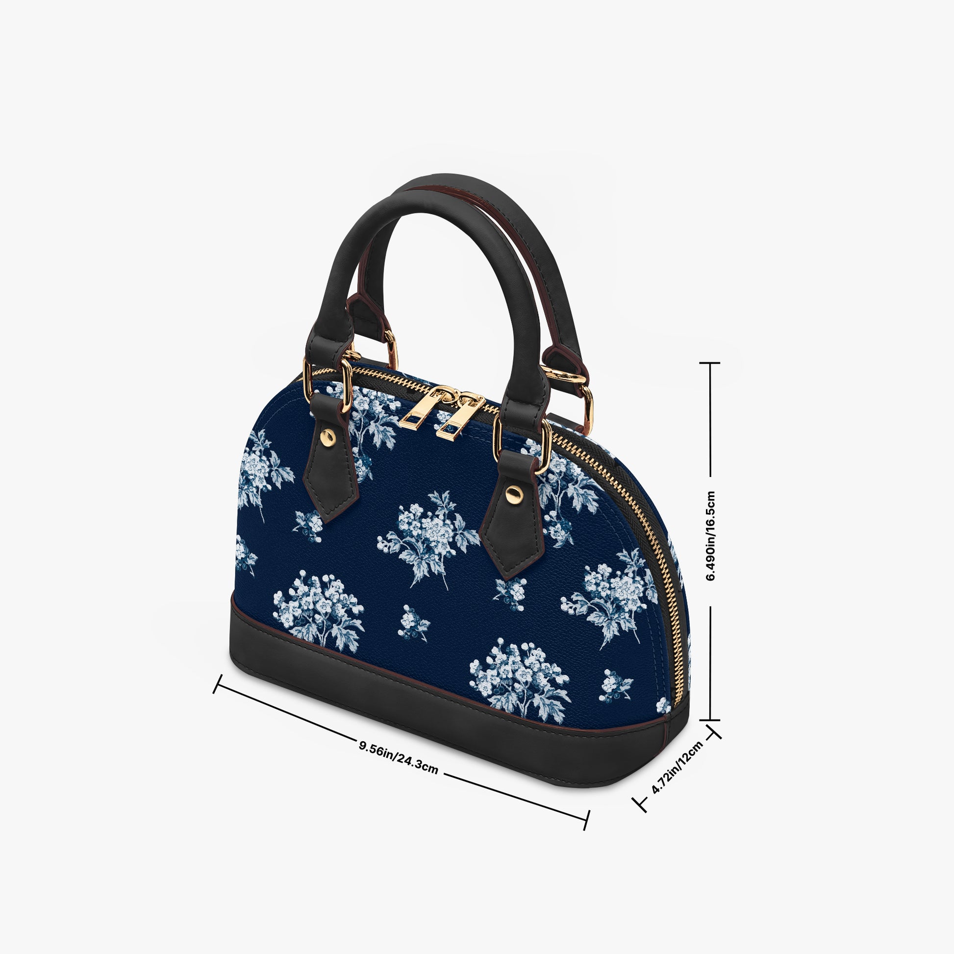 Romantic navy blue floral half moon handbag with delicate vintage-inspired floral print. Small crossbody purse with black or beige handles for casual or formal wear.