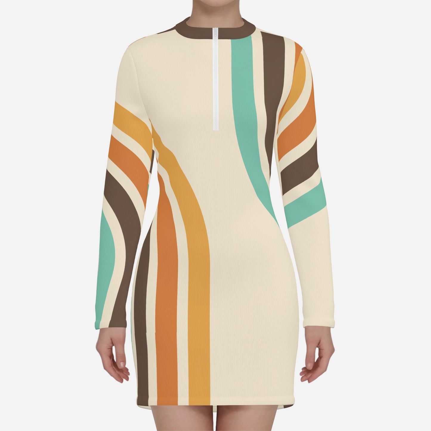 Mod 60s 70s Scuba Dress | Groovy Stripe Beige Mini Dress | Long Sleeve Shift Dress with Brown Banded Neckline | Retro Fall Winter Mod Style