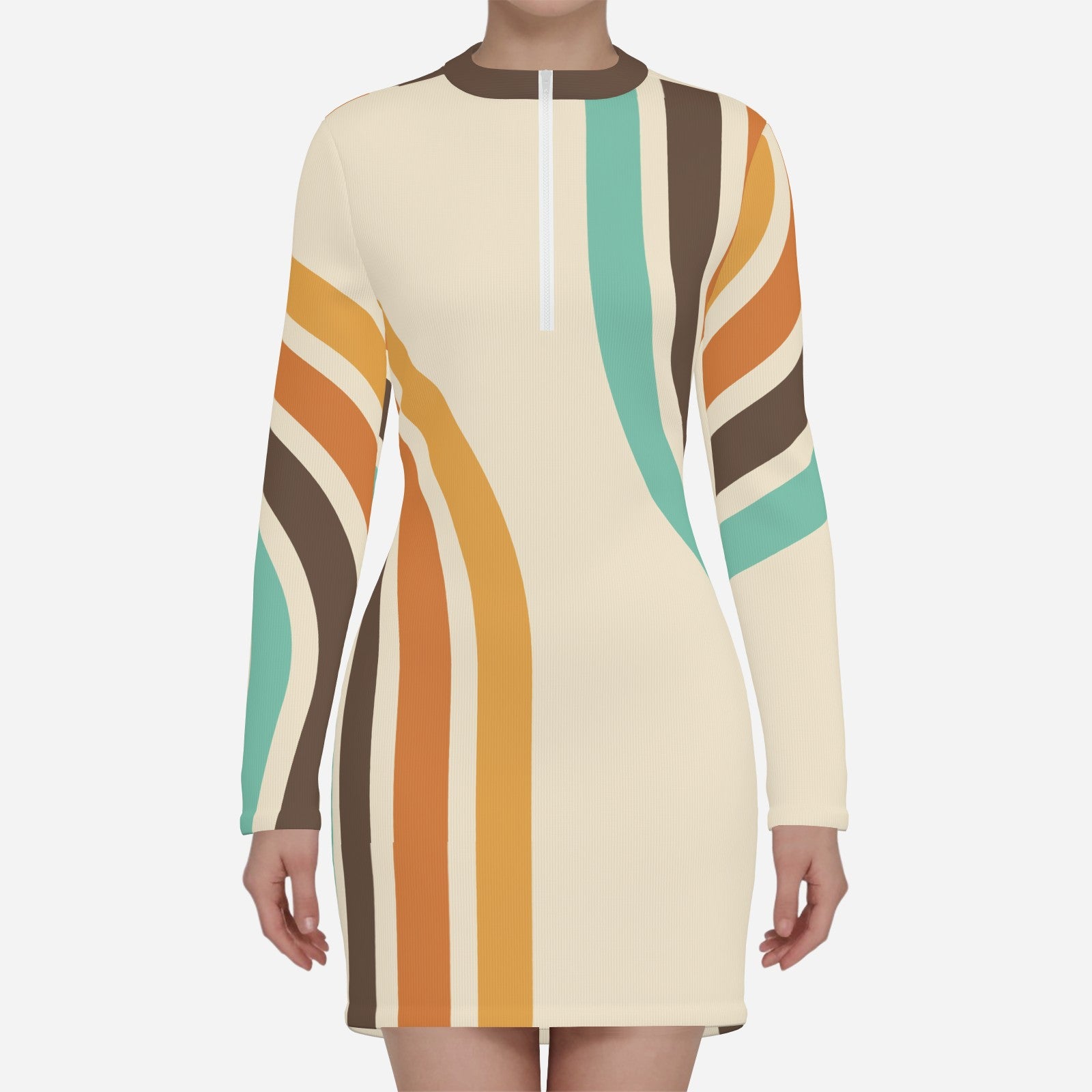 Mod 60s 70s Scuba Dress | Groovy Stripe Beige Mini Dress | Long Sleeve Shift Dress with Brown Banded Neckline | Retro Fall Winter Mod Style
