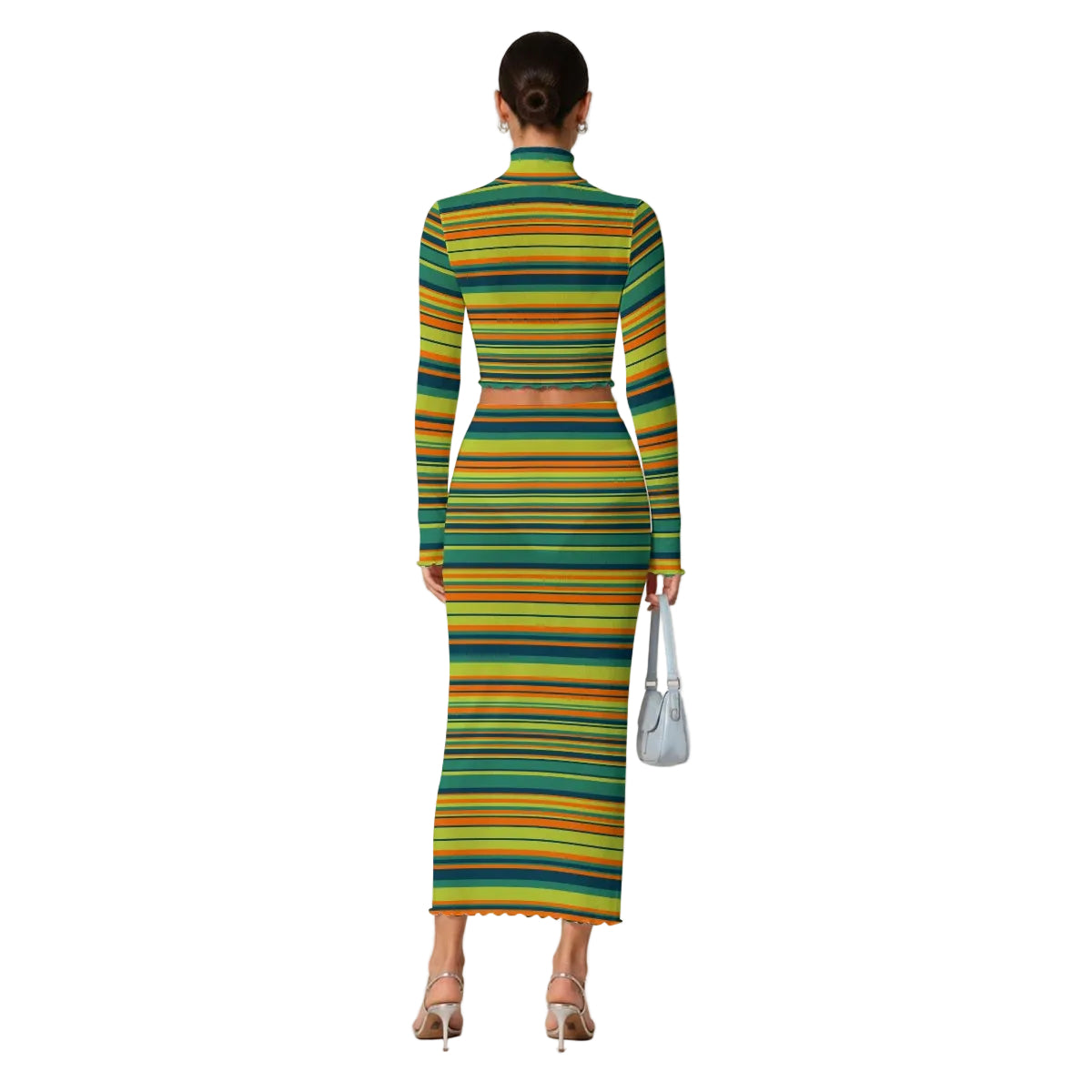 Women's Sheer Retro Green Stripe Two-Piece Set, 70s Inspired Turtleneck Crop Top & Maxi Skirt, Funky Vacation Outfit