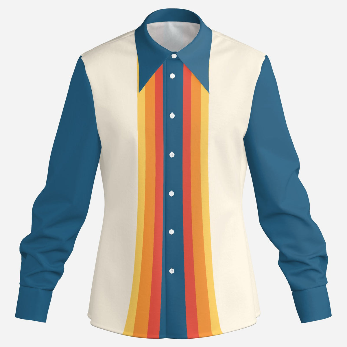 Men's 70s Style Shirt, Blue Orange Stripe Retro Disco Shirt, Dagger Collar Long Sleeve Shirt, Vintage Inspired 70s Shirt
