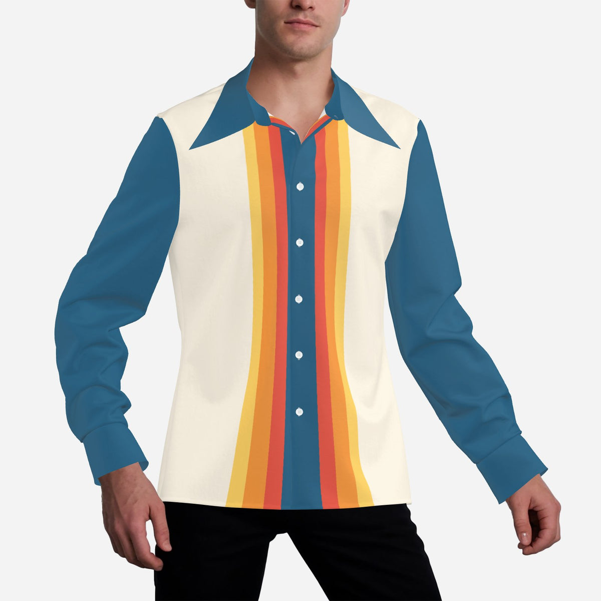 Men's 70s Style Shirt, Blue Orange Stripe Retro Disco Shirt, Dagger Collar Long Sleeve Shirt, Vintage Inspired 70s Shirt