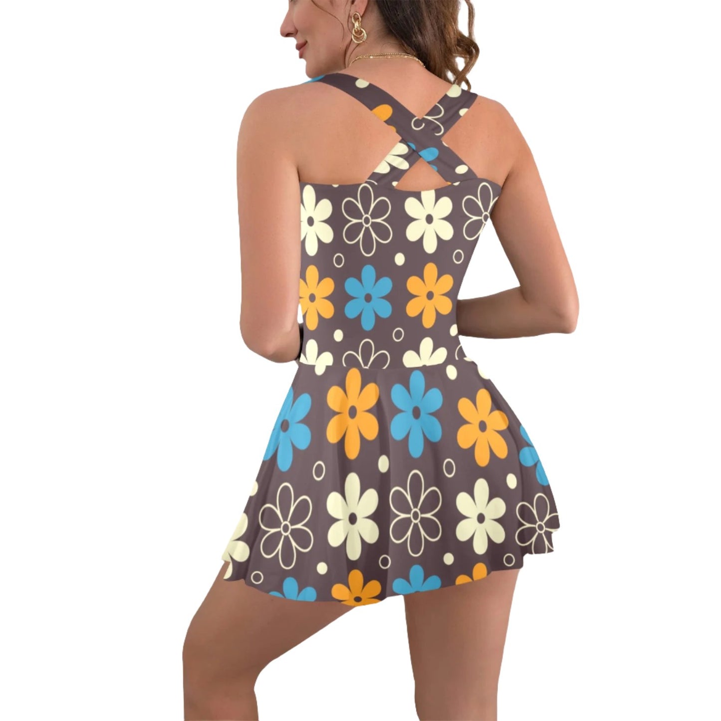 Women's Mod Brown Blue Orange Floral One Piece Skirt Swimsuit