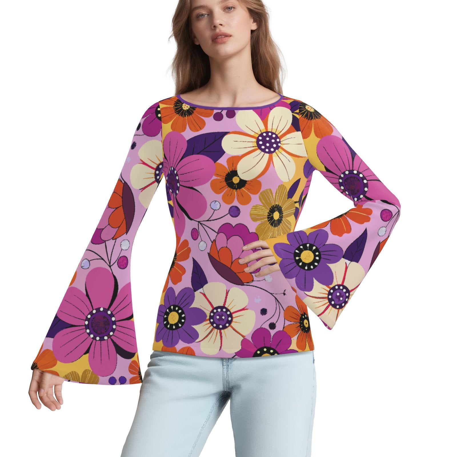 70s Purple Floral Bell Sleeve Top | Retro Long Sleeve T-Shirt | Vintage Boat Neck Blouse | Trendy Hip Buys