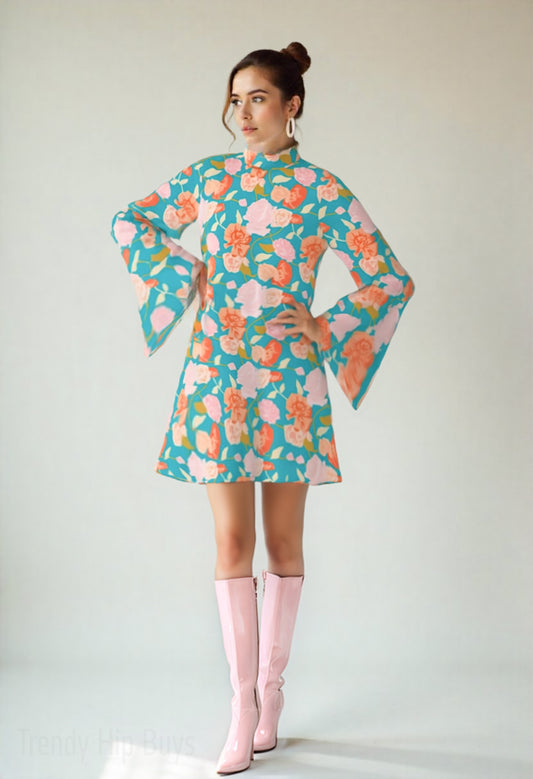 70s Style Dress | Retro Turquoise Floral Bell Sleeve Mini Dress | Vintage Turtleneck Chiffon Dress | Trendy Hip Buys Exclusive