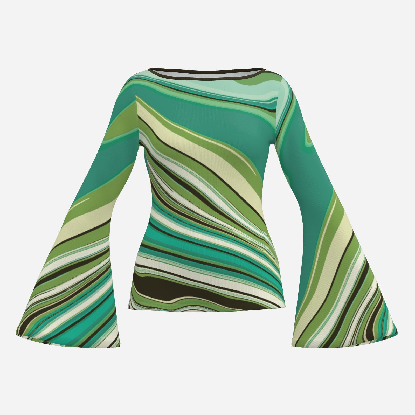 70s Green Turquoise Bell Sleeve Top | Retro Long Sleeve T-Shirt | Vintage Boat Neck Blouse