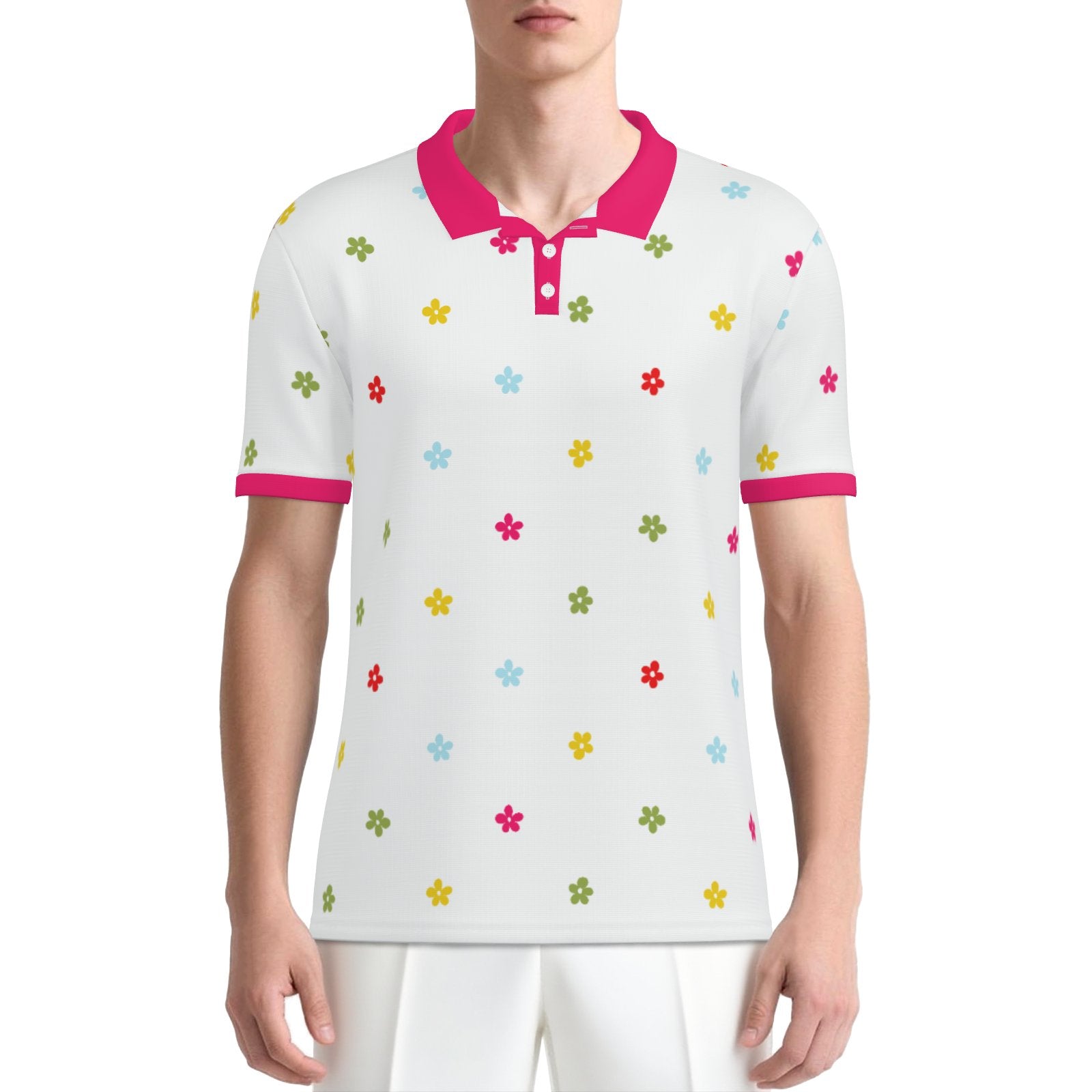 Mod 60s floral polo shirt with UPF 50+ sun protection. Unisex vintage-inspired polo featuring a white background, colorful floral print, and fuchsia pink trim.