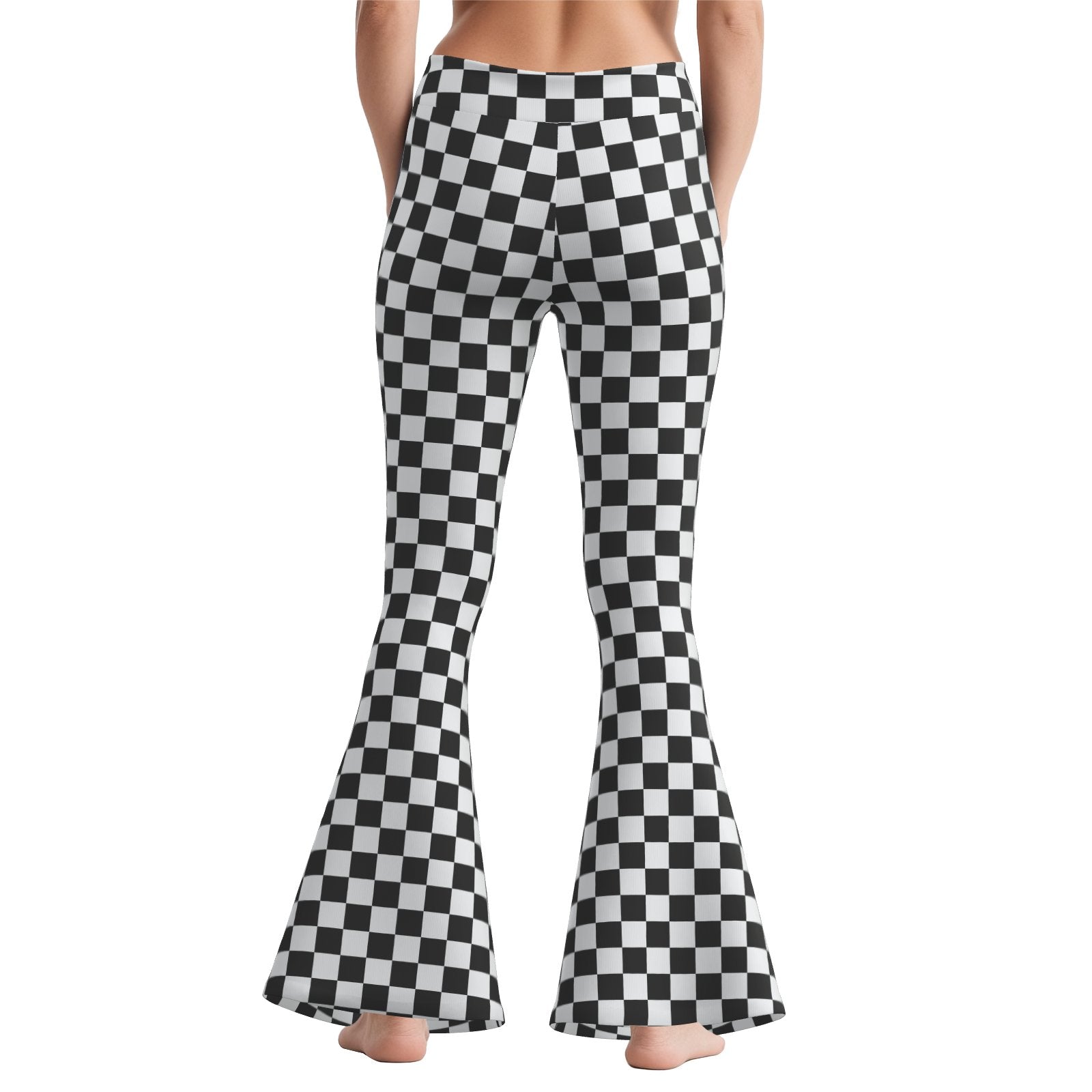Retro 70s Checker Bell Bottom Pants | Black and White Wide Leg Yoga Pants | Vintage Flare Leggings