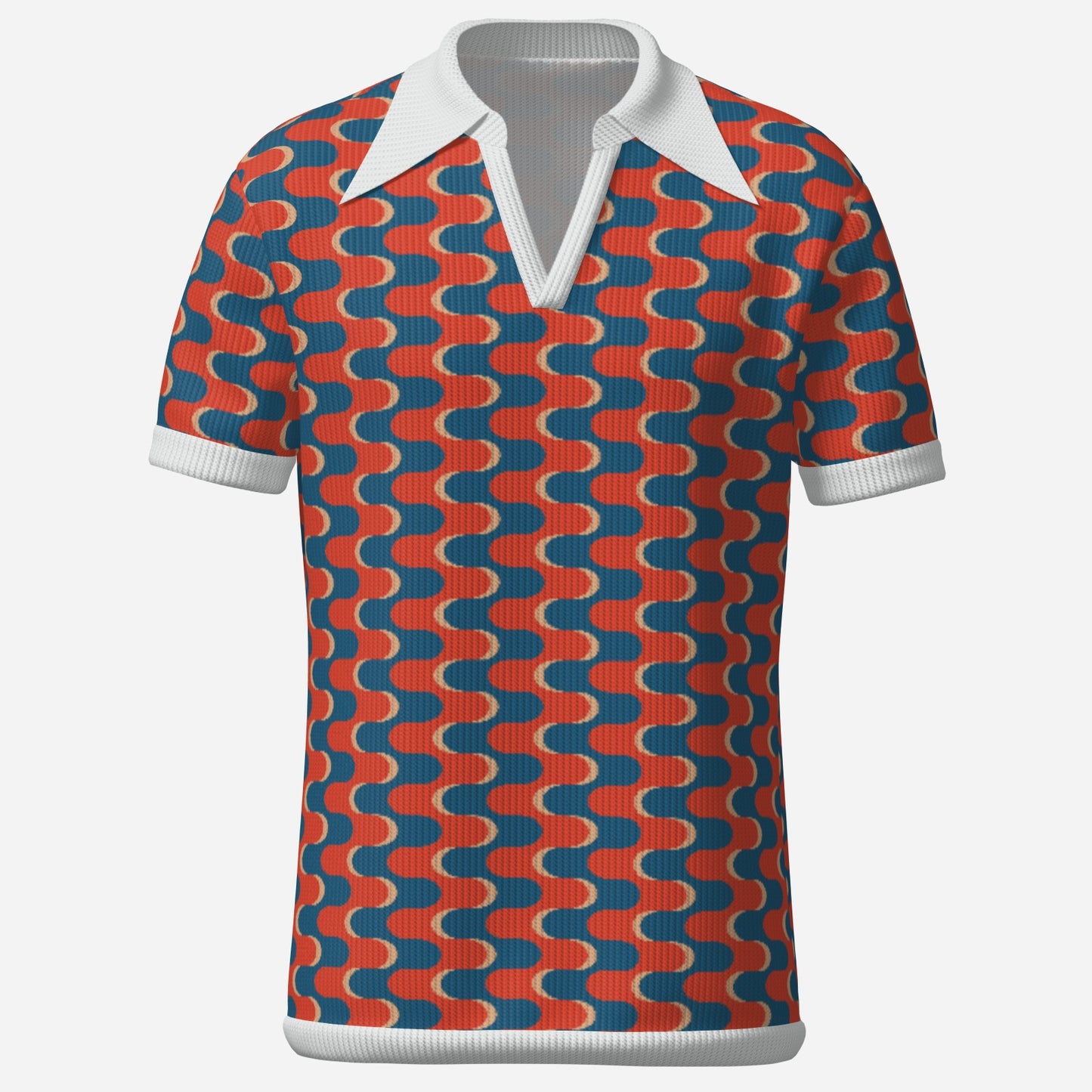 Retro Polo Shirt, 70s Polo Shirt Style, Red Blue Op Art Shirt, Wing Collar Shirt, Retro Knit Polo