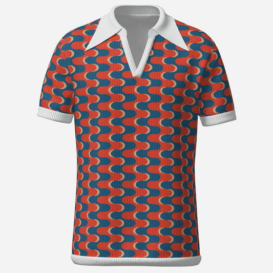 Retro Polo Shirt, 70s Polo Shirt Style, Red Blue Op Art Shirt, Wing Collar Shirt, Retro Knit Polo