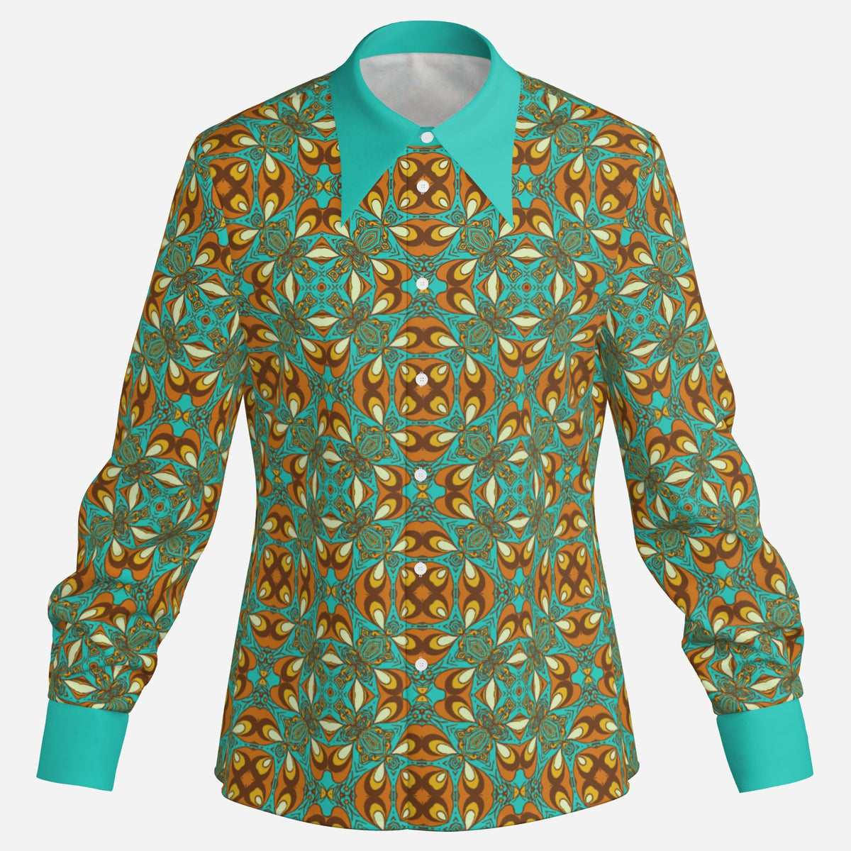 Men’s 70s Style Shirt | Turquoise Orange Brown Boho Hippie Shirt | Retro Dagger Collar Disco Shirt