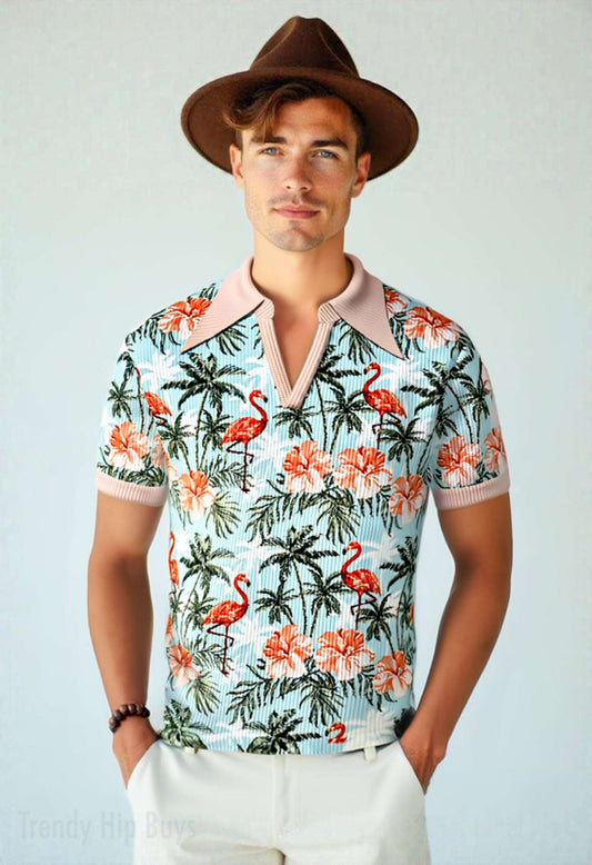 Retro Flamingo Tropical Knit Polo Shirt for Men | 70s Wing Collar Shirt | 70s Style Polo Shirt