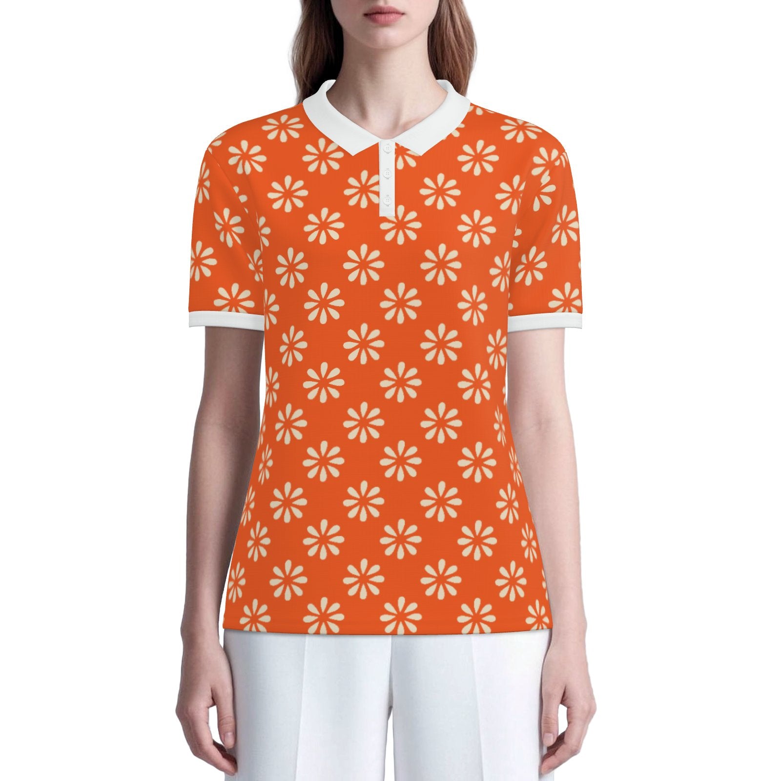 Retro Orange Floral Polo Shirt | UPF 50+ Sun Protection Unisex Polo | Vintage 60s 70s Mod Golf Shirt