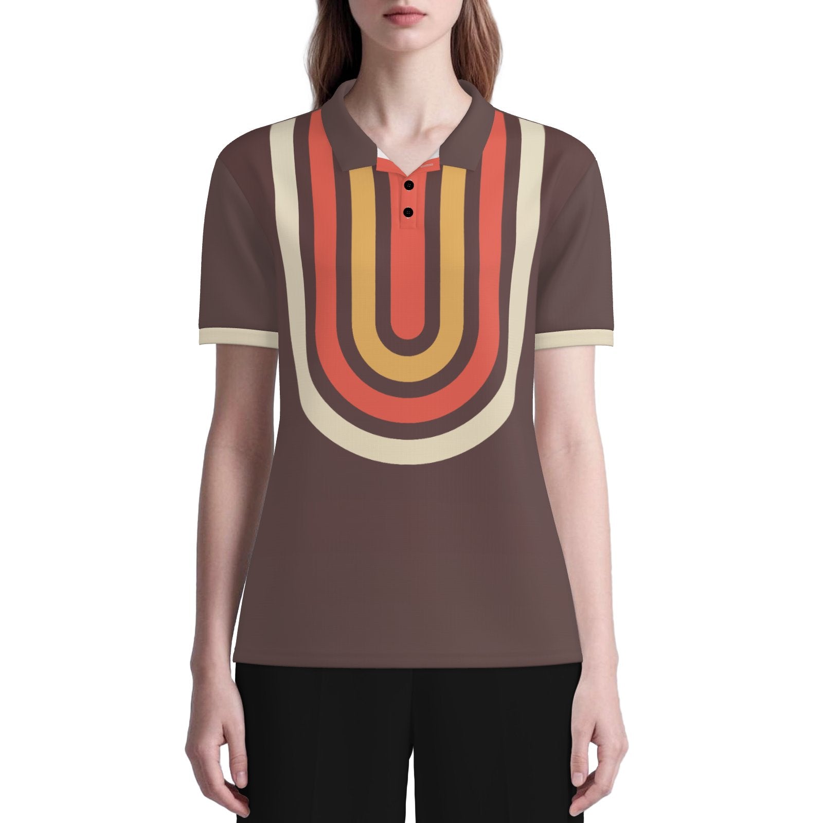 70s Brown Geometric Polo Shirt | UPF 50+ Sun Protection Unisex Polo | Retro Mod Vintage Golf Shirt