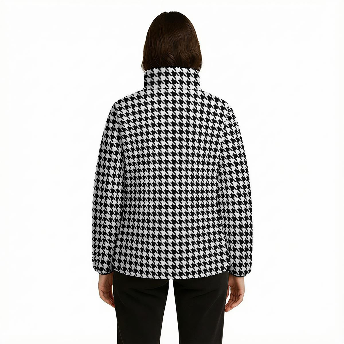 Unisex Black Houndstooth Puffer Jacket | Retro 60s Inspired Cotton Filled Winter Jacket