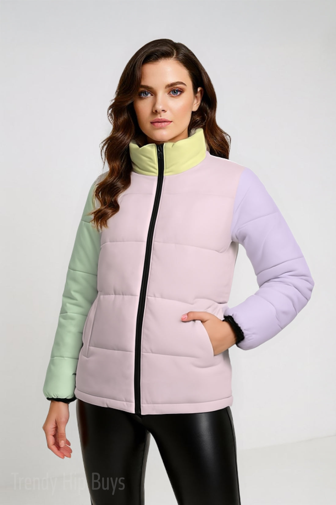 Unisex Pastel Color Block Puffer Jacket | Pink Green Lavender Winter Jacket | Cotton Filled Retro Puffer Coat