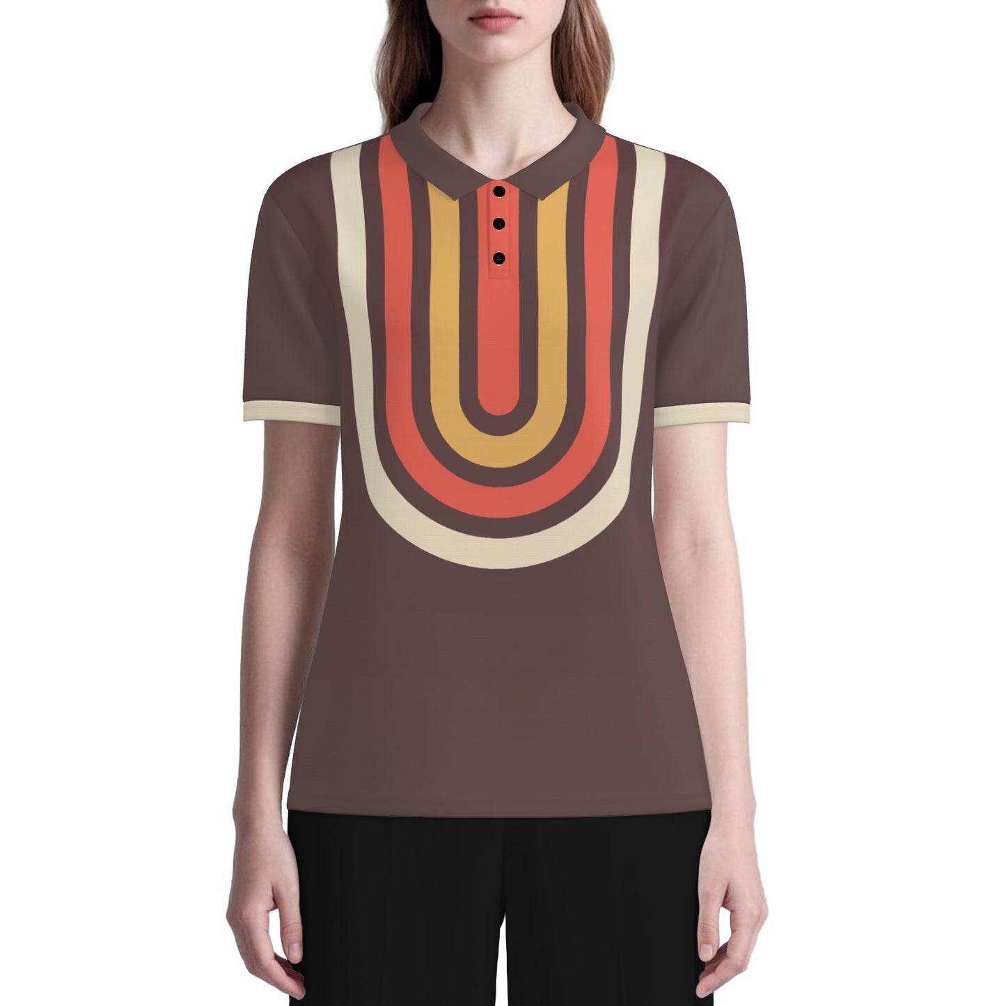 70s Brown Geometric Polo Shirt | UPF 50+ Sun Protection Unisex Polo | Retro Mod Vintage Golf Shirt