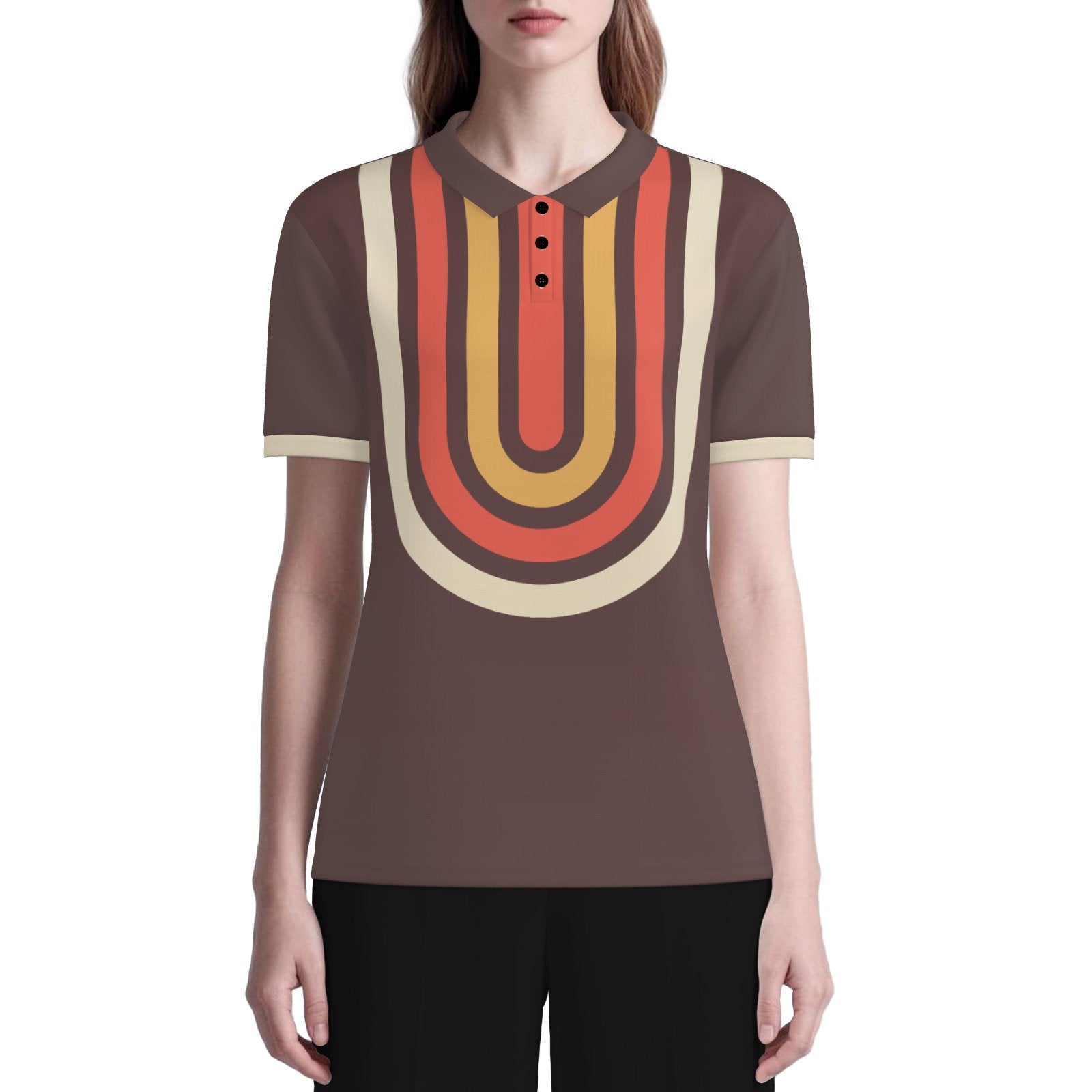 70s Brown Geometric Polo Shirt | UPF 50+ Sun Protection Unisex Polo | Retro Mod Vintage Golf Shirt