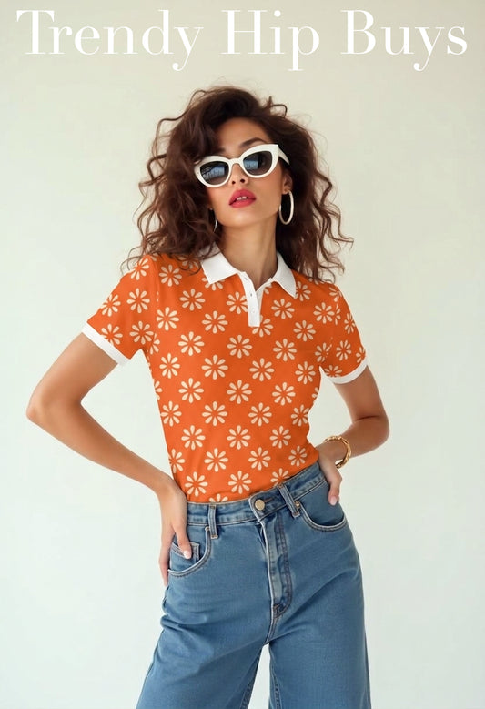 Retro Orange Floral Polo Shirt | UPF 50+ Sun Protection Unisex Polo | Vintage 60s 70s Mod Golf Shirt