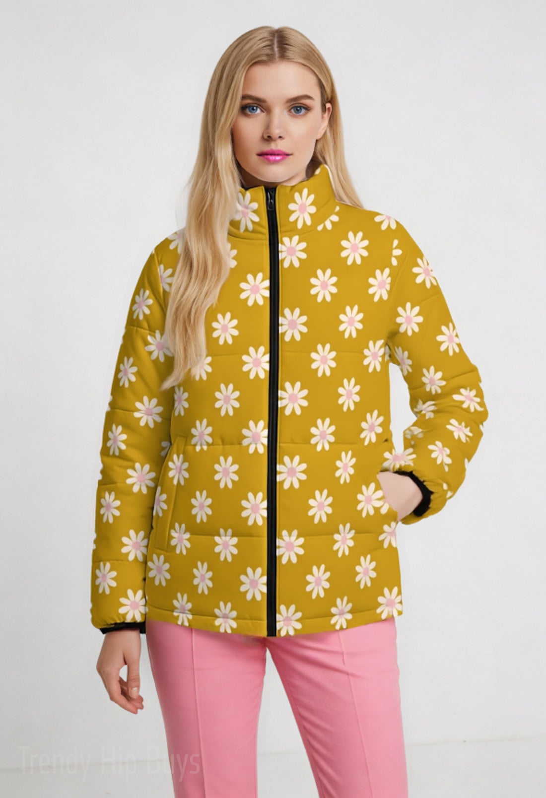 Retro Floral Puffer Jacket | Vintage Mustard Yellow 60s 70s Daisy Puffer Jacket | Mod Winter Coat