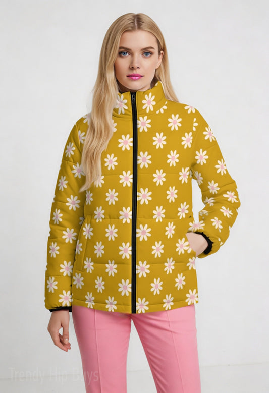 Retro Floral Puffer Jacket | Vintage Mustard Yellow 60s 70s Daisy Puffer Jacket | Mod Winter Coat